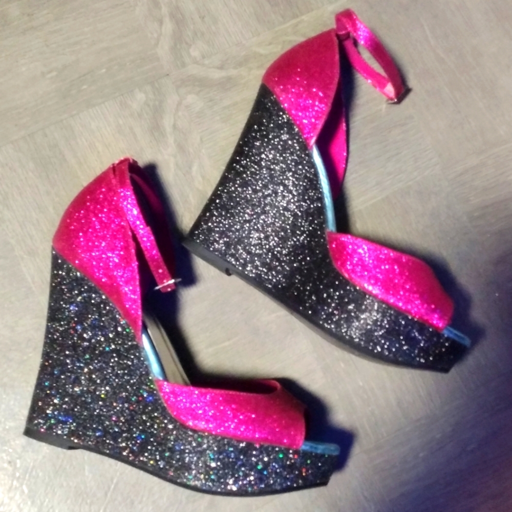 Bold glittery wedge platforms